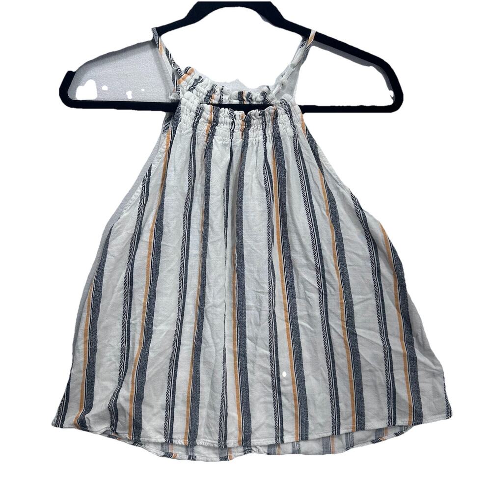 Staccato Halter Top Women Small White Blue Yellow Striped Smocked HighNeck 16744